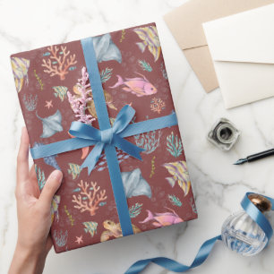 Aquarell-Ozeanleben Texturiert Grau Sangria Geschenkpapier