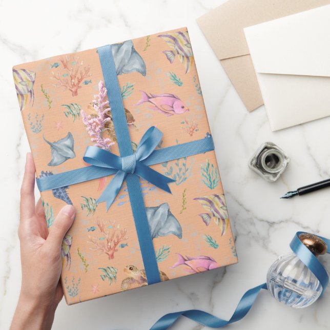Aquarell-Ozeanleben Texturiert Hellorange Geschenkpapier (Schenken)