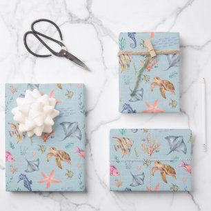 Aquarell-Ozeanleben Texturiert Pastellblau Geschenkpapier Set