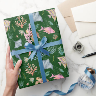 Aquarell-Ozeanleben Texturierter Waldgrün Geschenkpapier