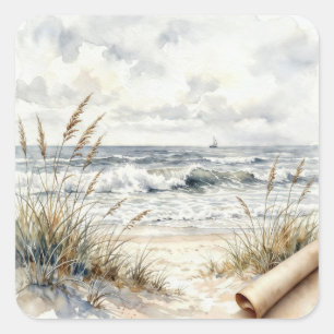Aquarell-Ozeanstrand mit gewelltem Papier Quadratischer Aufkleber
