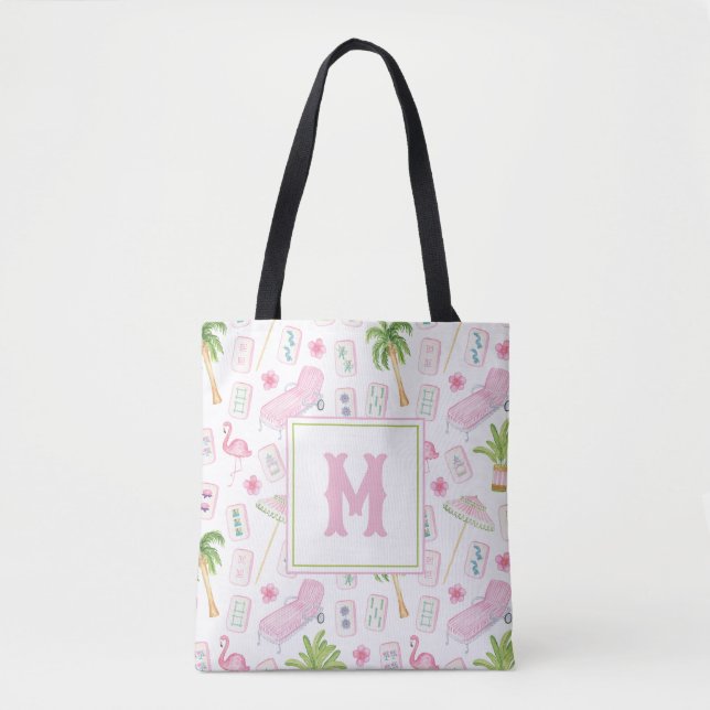 Aquarell Palm Beach Mahjong Monogramm Tasche (Vorderseite)