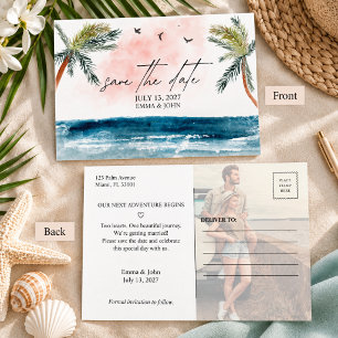 Aquarell-Palmenstrand-Hochzeit - Save The Date Ankündigungspostkarte