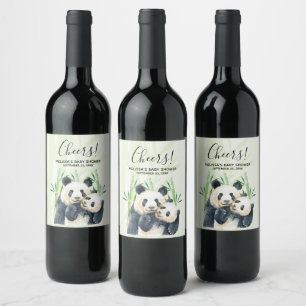 Aquarell Panda Bears Mama & Baby in Bamboo Dusche Weinetikett