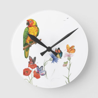 Aquarell-Papagei und Schmetterlinge Design Runde Wanduhr