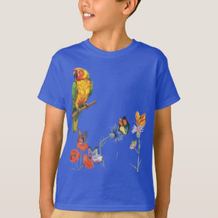 Aquarell-Papagei und Schmetterlinge Design T-Shirt