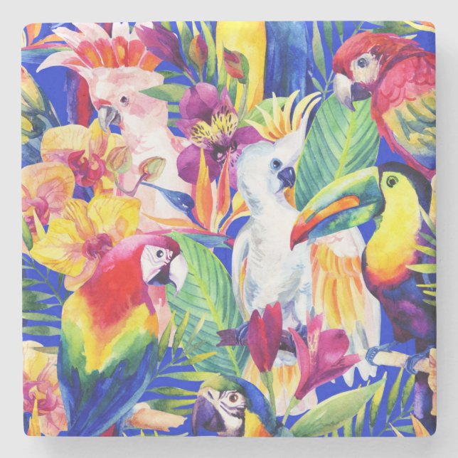 Aquarell-Papageien Steinuntersetzer (Vorderseite)