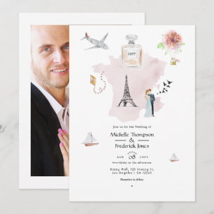 Aquarell Paris Destination Hochzeit Monogramm Einladung