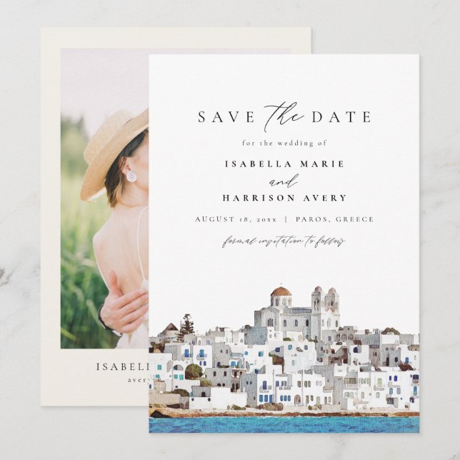 Aquarell Paros Greece Skyline Save the Date Einladung (Vorne/Hinten)