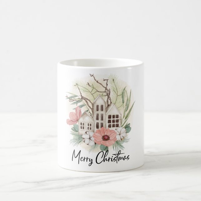 Aquarell Pastel Pink Brown Grün Frohe Weihnachten Kaffeetasse (Mittel)
