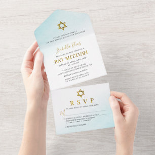Aquarell Pastell Blau Gold Bat Mitzvah All In One Einladung