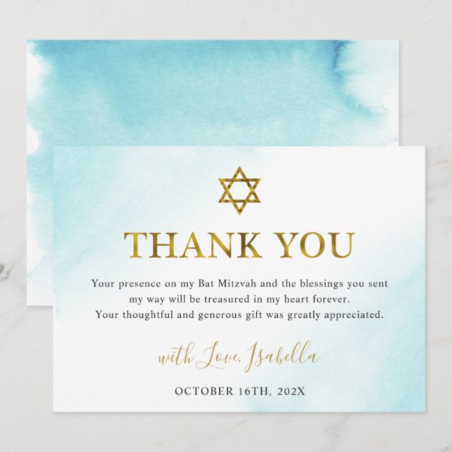 Aquarell Pastell Blue Gold Bat Mitzvah Dankeskarte (Vorne/Hinten)