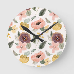 Aquarell Pastell Blumen Nahtloses Muster   Sanft Runde Wanduhr
