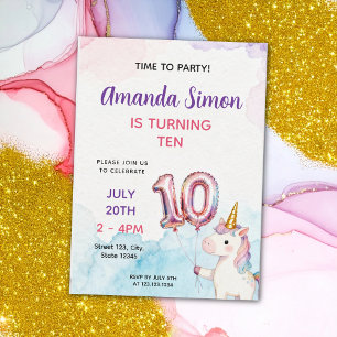 Aquarell-Pastell-Einhorn-Mädchen 10. Geburtstag Einladung