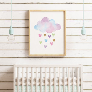 Aquarell-Pastell-Herzen-Wolke-Baby-Mädchen-Nursery Poster