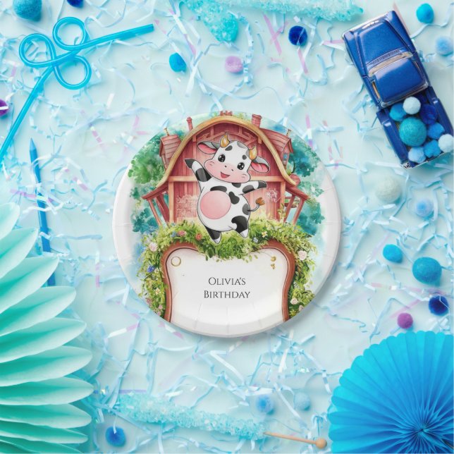 Aquarell Pastell Kuh Geburtstag Pappteller (Party)