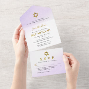 Aquarell Pastell Lila Gold Bat Mitzvah All In One Einladung