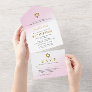 Aquarell Pastell Rosa Gold Bat Mitzwa All In One Einladung