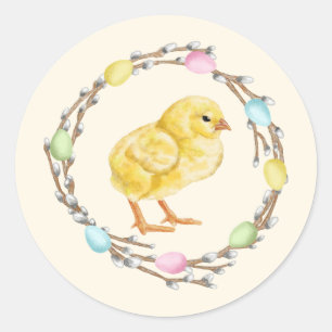 Aquarell Pastell-Weidenkranz mit Babyküken Runder Aufkleber