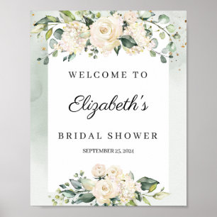 Aquarell Pastell weiße Rosen Brautdusche Poster