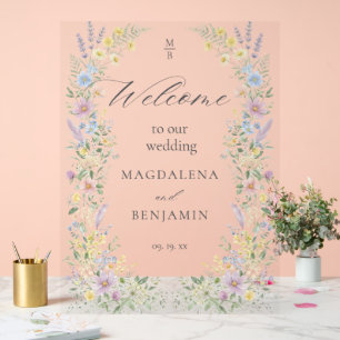 Aquarell Pastell Wildblumen Hochzeit Willkommen Acrylschild