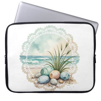 AQUARELL-PASTELLGRÜN-&-BEIGEFARBENE STRANDSZENE LAPTOPSCHUTZHÜLLE
