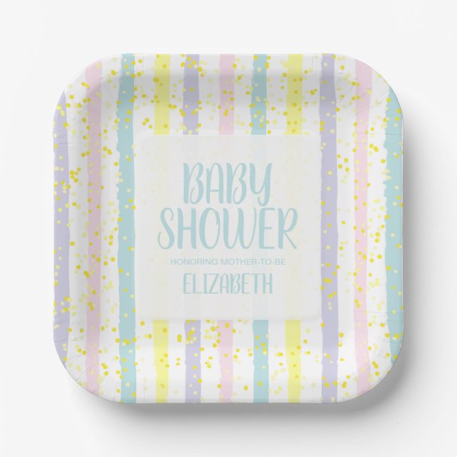 Aquarell Pastellstreifen Boy Baby Dusche Pappteller (Vorderseite)