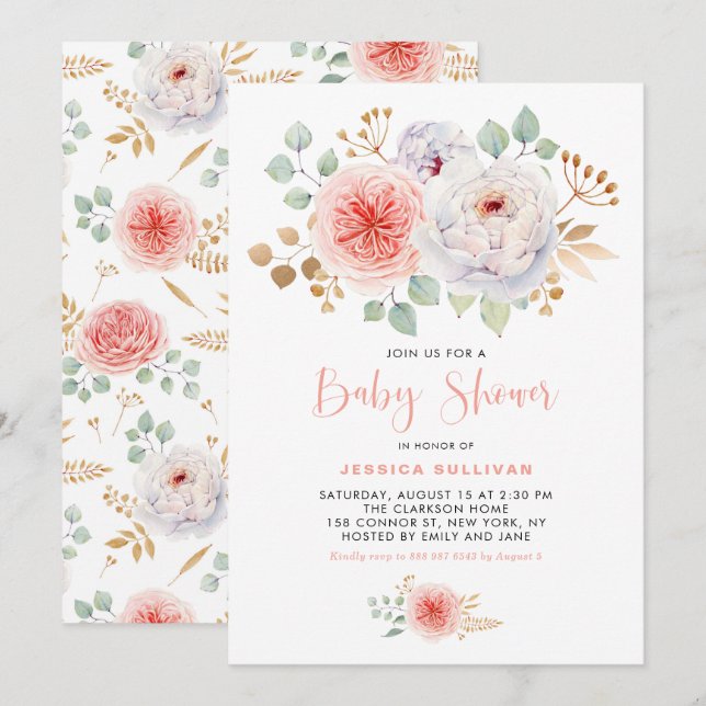 Aquarell Peach Peonies Gold Blätter Kinderdusche Einladung (Vorne/Hinten)