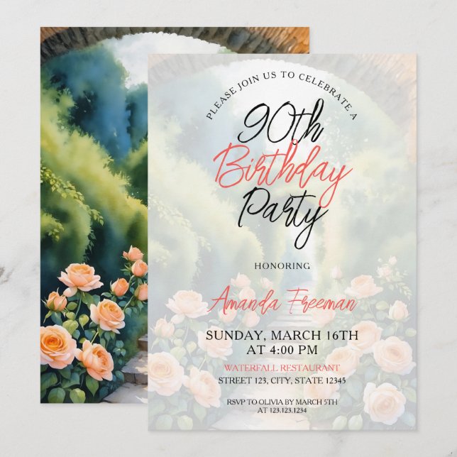 Aquarell Peach Rose Garten 90. Geburtstag Einladung (Vorne/Hinten)