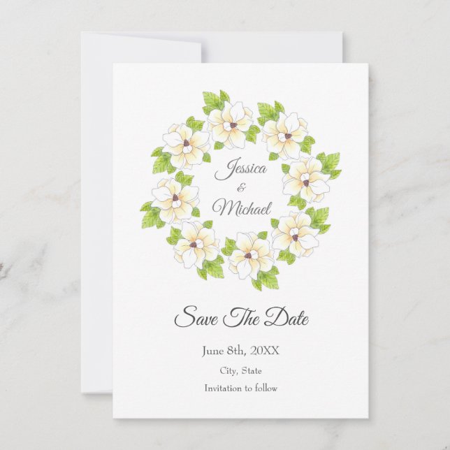 Aquarell, Pen und Tinte Magnolia Save The Date (Vorderseite)