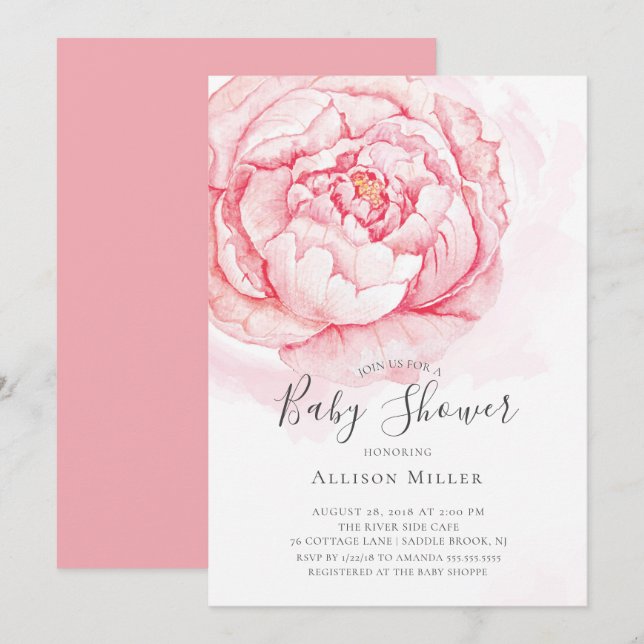 Aquarell Peonies Baby Dusche Einladung (Vorne/Hinten)
