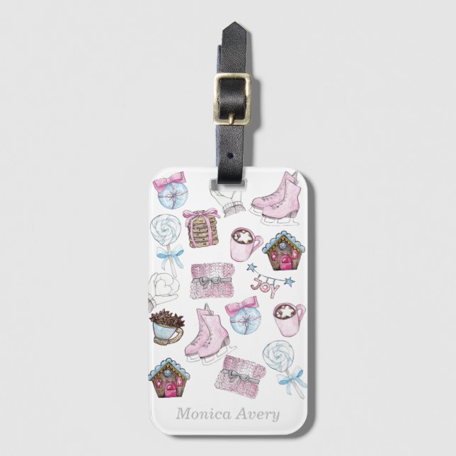 Aquarell Personalisiert Pink Weihnachten Gepäckanhänger (Vorderseite Vertikal)