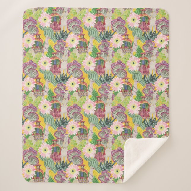 Aquarell-peruanisches Frauen-u. Lama-Muster Sherpadecke (Vorderseite)