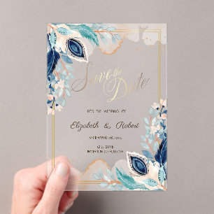 Aquarell-Pfau-Blumen Save The Date Acryleinladungen