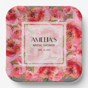 Aquarell-Pfingstrosen-Blumen-Braut-Shower Pappteller