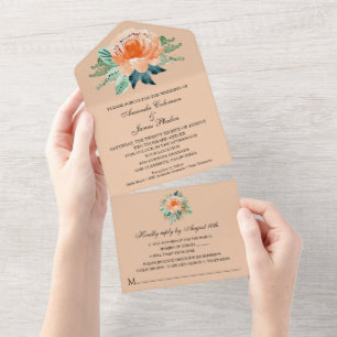 Aquarell-Pfirsich-Blumen-Hochzeit All In One Einladung