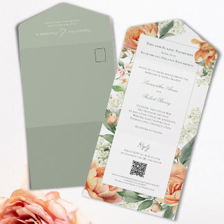 Aquarell-Pfirsich-Blumen-Hochzeit Alles in Einem All In One Einladung