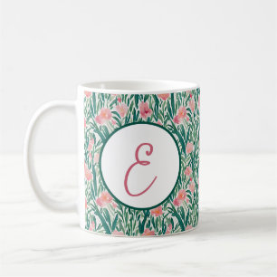 Aquarell-Pfirsich- und grünes Blumenmuster-Monogra Kaffeetasse