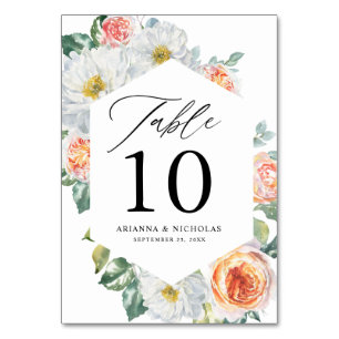 Aquarell-Pfirsich- und Weißblumenrahmen-Hochzeit Tischnummer