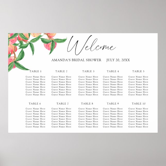 Aquarell-Pfirsiche Hochzeit Sitzordnung Poster (Vorne)