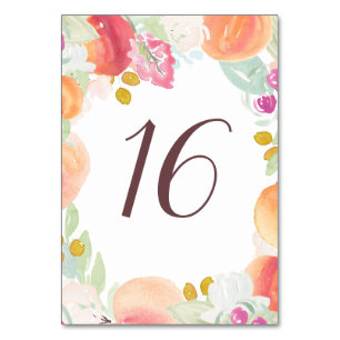 Aquarell-Pfirsiche und Blumen-Tischnummern Tischnummer