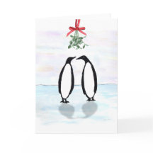 Aquarell-Pinguine mit Feiertags-Mistelzweig