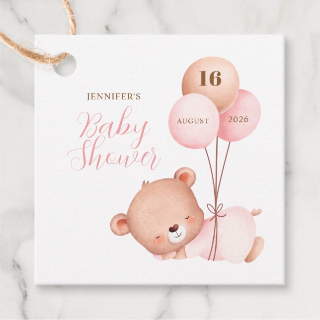 Aquarell Pink Balloons Teddy Bear Baby Dusche Geschenkanhänger (Vorderseite)