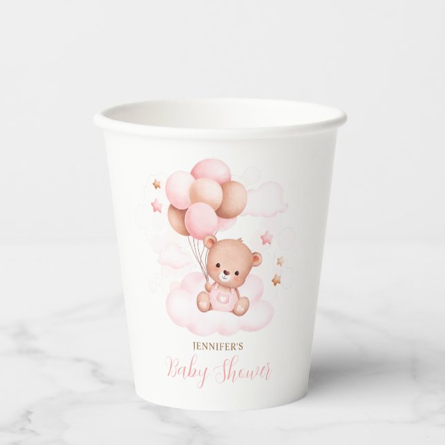 Aquarell Pink Balloons Teddy Bear Baby Dusche Pappbecher (Vorderseite)