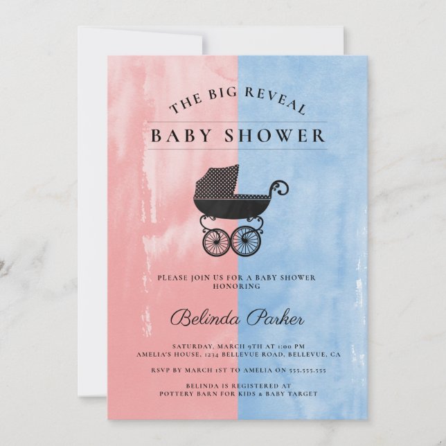 Aquarell Pink + Blue Gender Reveal Baby Dusche Einladung (Vorderseite)