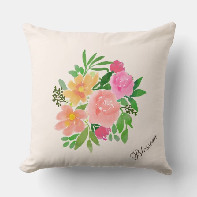 Aquarell Pink Blume Bouquet auf Elfenbeinküste Kissen (Vorderseite)