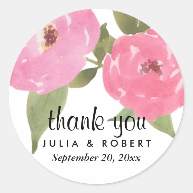 Aquarell Pink Blume Chic Wedding Danke Runder Aufkleber (Vorderseite)