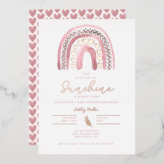 Aquarell Pink Boho Rainbow Baby Dusche Rose Gold Folieneinladung (Vorderseite/Rückseite)