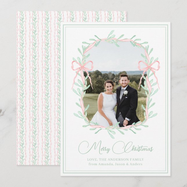 Aquarell Pink Bow Grüne Weihnachten Foto (Vorne/Hinten)