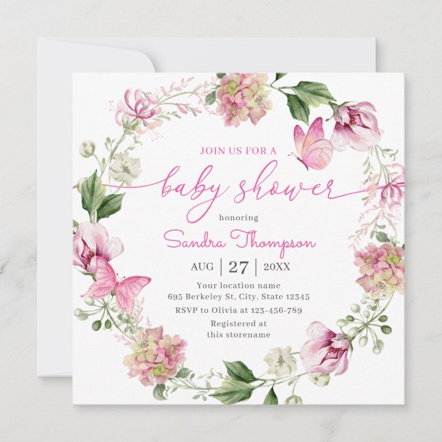 Aquarell Pink Butterfly Floral Baby Dusche Einladung (Vorderseite)